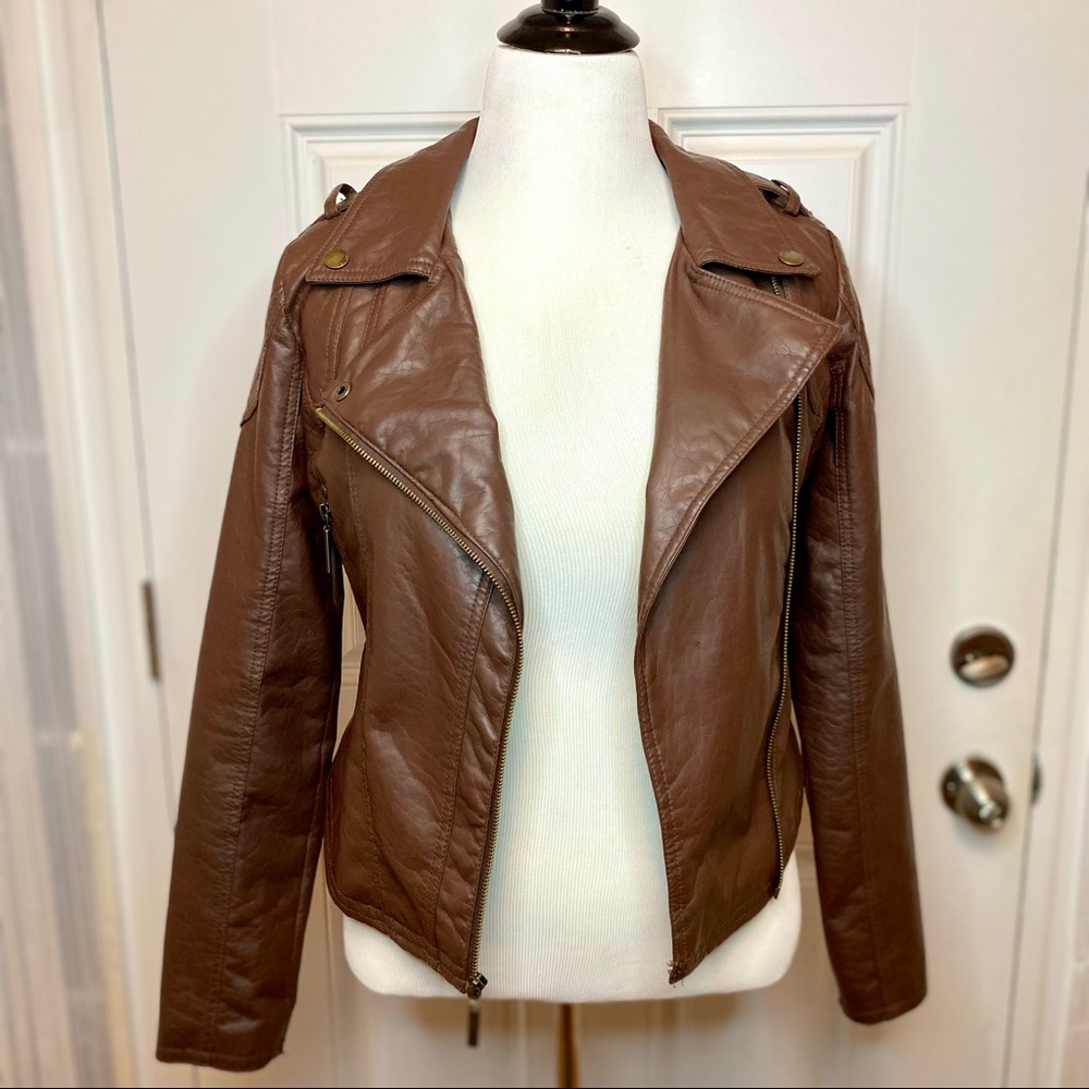 S Brown Faux Leather Jacket w/ Asymmetrical Zipper